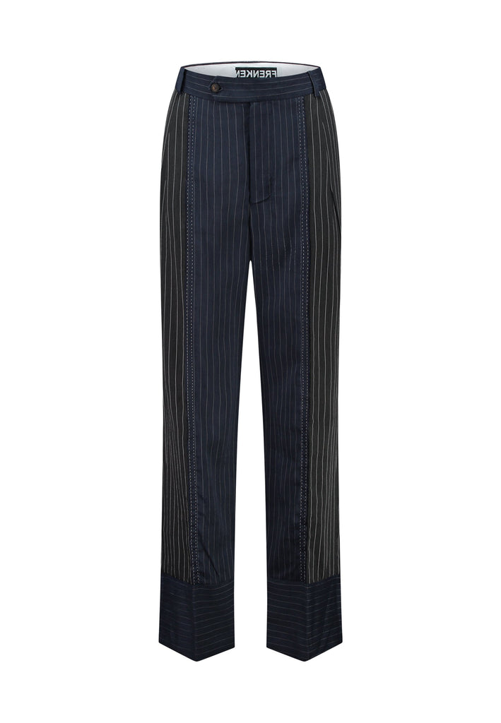 Long wide-leg trousers cut from two faintly pinstriped linen blends. Detailed with welt pockets and button closure.