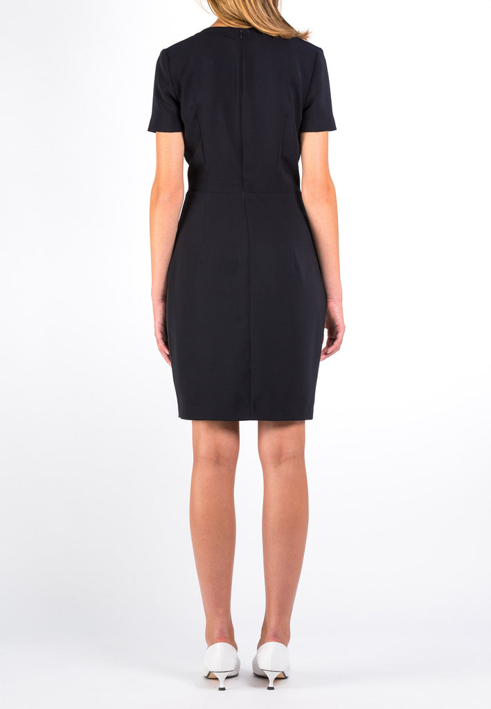 Second | Dress | Dark Navy. Waisted cocktail dress, in a combination of crepe and satin with a deep V-neck line and overlap skirt.