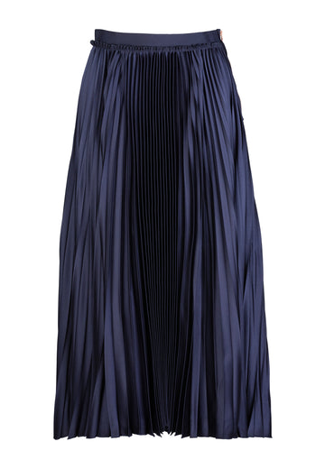 Fringe | Skirt | Dark Navy. Satin maxi pleated circle skirt. Pleats stitched on top of the waistband. frenkenfashion.com