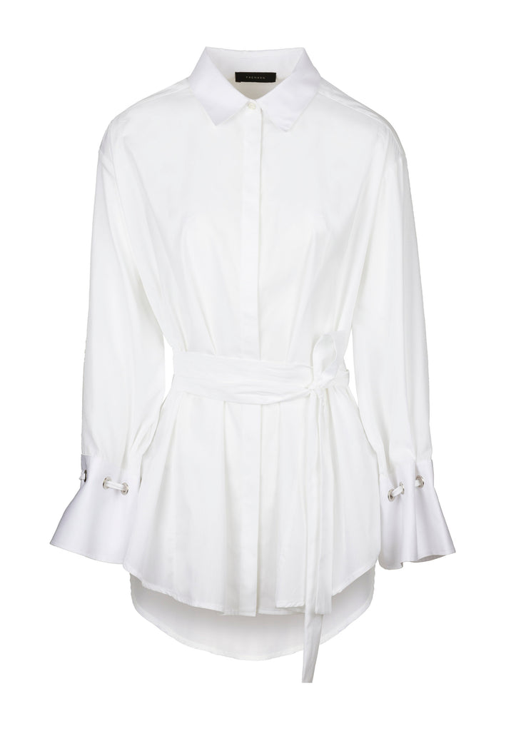 Hole | Shirt | White. Loose fit belted shirt with oversized cuff. Made from crispy poplin cotton detailed with eyelets and straps to create gathered cuffs. frenkenfashion.com