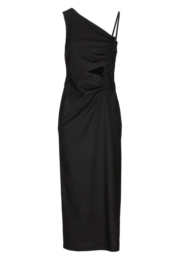 Long evening dress with an asymmetric design made of stretch black wool blend with a subtle gathering at the front to emphasize the silhouette. It has a unique upper part, one delicate shoulder strap and another wider shoulder strap. It has a leg-lengthening side slit for easy movement.