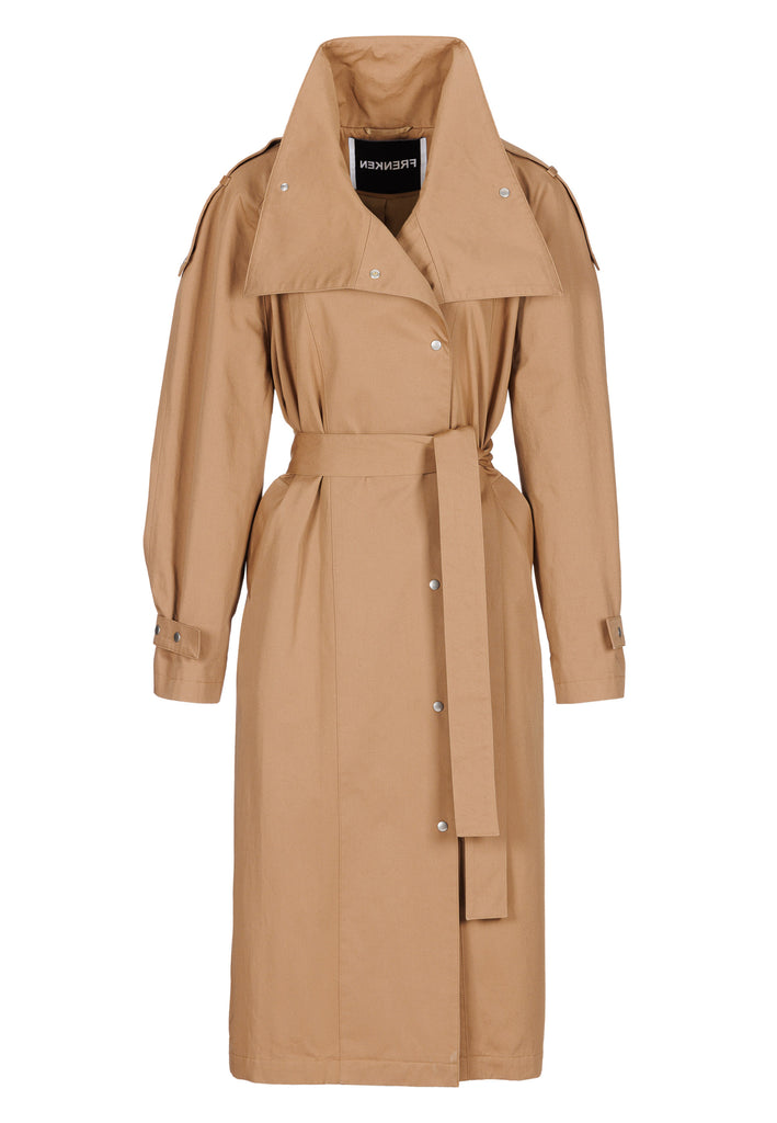 Oversized trench coat tailored from crisp camel cotton for a loose shape. Detailed with silver metal press buttons at front closure at the cuffs. An oversized collar to hide in and a self-fabric belt to cinch the loose oversized fit.