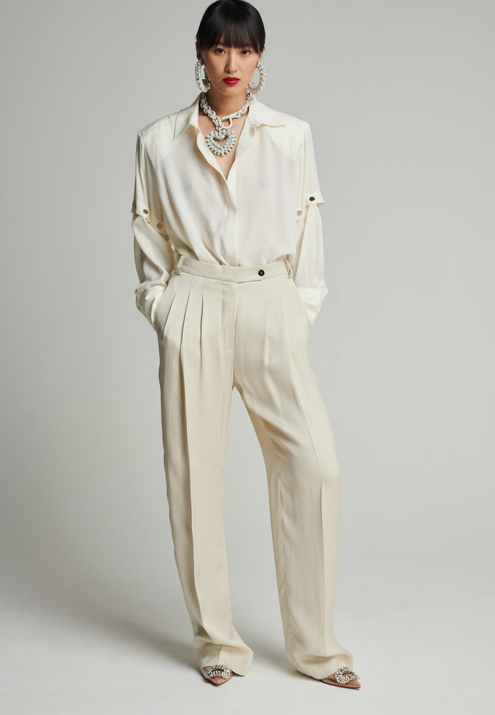 Wide-leg striped satin pants in stone. Features pockes, belt loops, and pressed front crease. True to size.