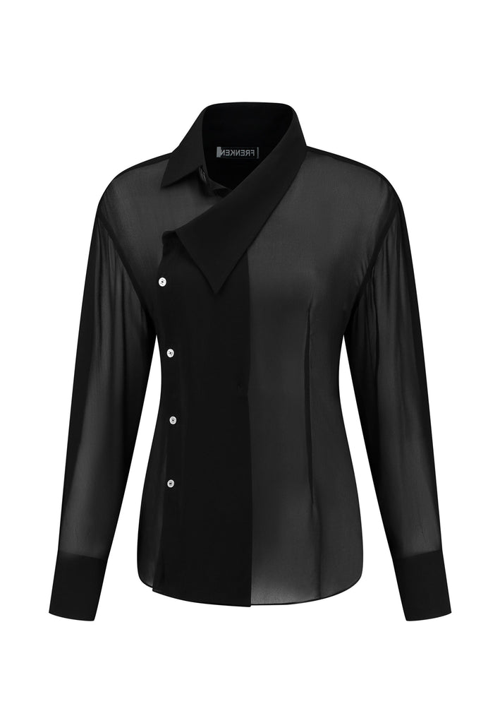 Wide-shouldered wrap shirt fitted at the waist. Asymmetric collar structure. Wide relaxed sleeves with multiple buttons on the cuff to adjust the width. Wear it tight or wide. Detailed with darts at the waistline and six-hole buttons. Cut from silk georgette.