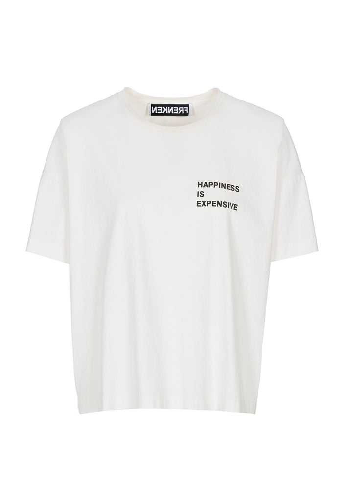 Cotton t-shirt in off-white. Features a crack-print with the phrase "Happiness is expensive". True to size.