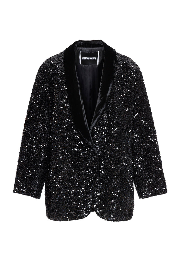 Wide-shouldered blazer with sequins all-over. Features a velvet collar. Fits oversized.