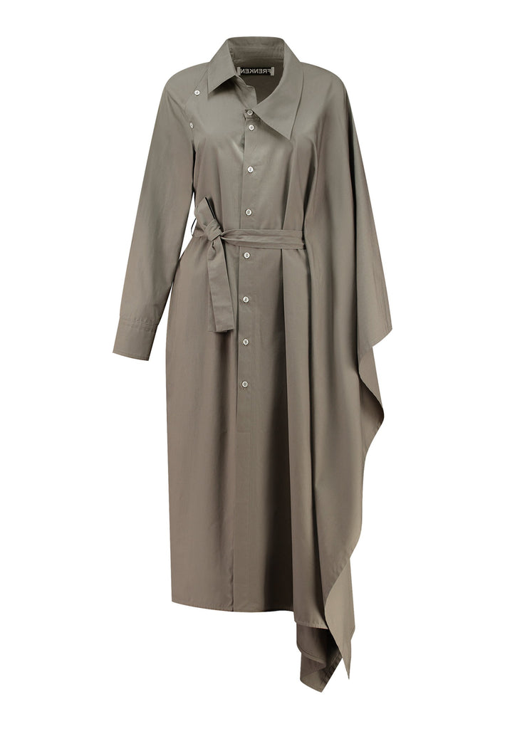 This Square asymmetric shirt-dress is an elegant choice for special events as well as your casual go-to. Can be unbuttoned for a big slit at one side that can give a sophisticated sexy look. Asymmetric collar structure. One big kimono sleeve, one detachable button-off sleeve. Designed for a relaxed/oversized fit. Use the tie belt to cinch in at the waist. Detailed with six-hole buttons. Cut from crispy 100% cotton poplin. Made in Lithuania.