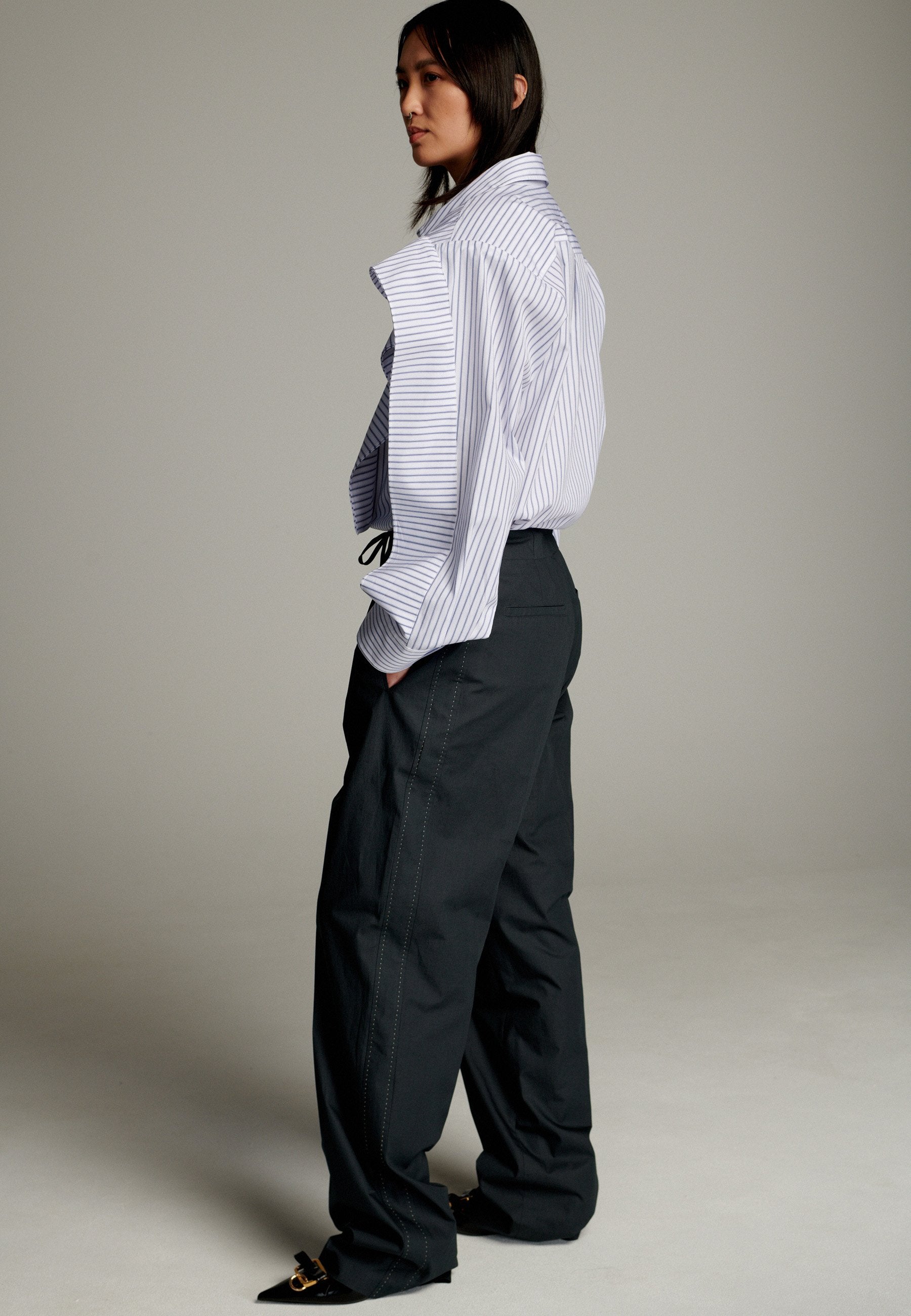 Men Cropped Dress Shirt Banner Poplin Crop Shirt Blue Stripe FRENKEN Men Cropped Dress Shirt Banner Poplin Crop Shirt Blue Stripe FRENKEN