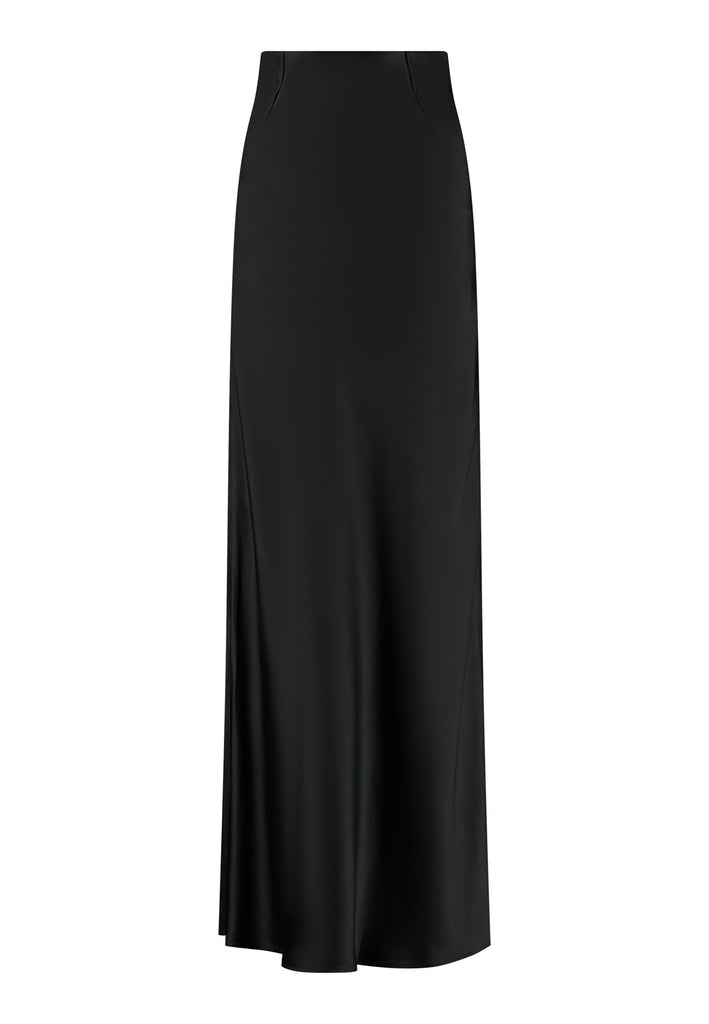 Flowy black skirt with a refined, elongated silhouette. Crafted from lightweight fabric with soft movement and an elegant drape. Front and back darts are intentionally exposed, adding subtle structure and a tailored finish to the fluid shape. A quiet statement piece, effortlessly balancing form and flow.