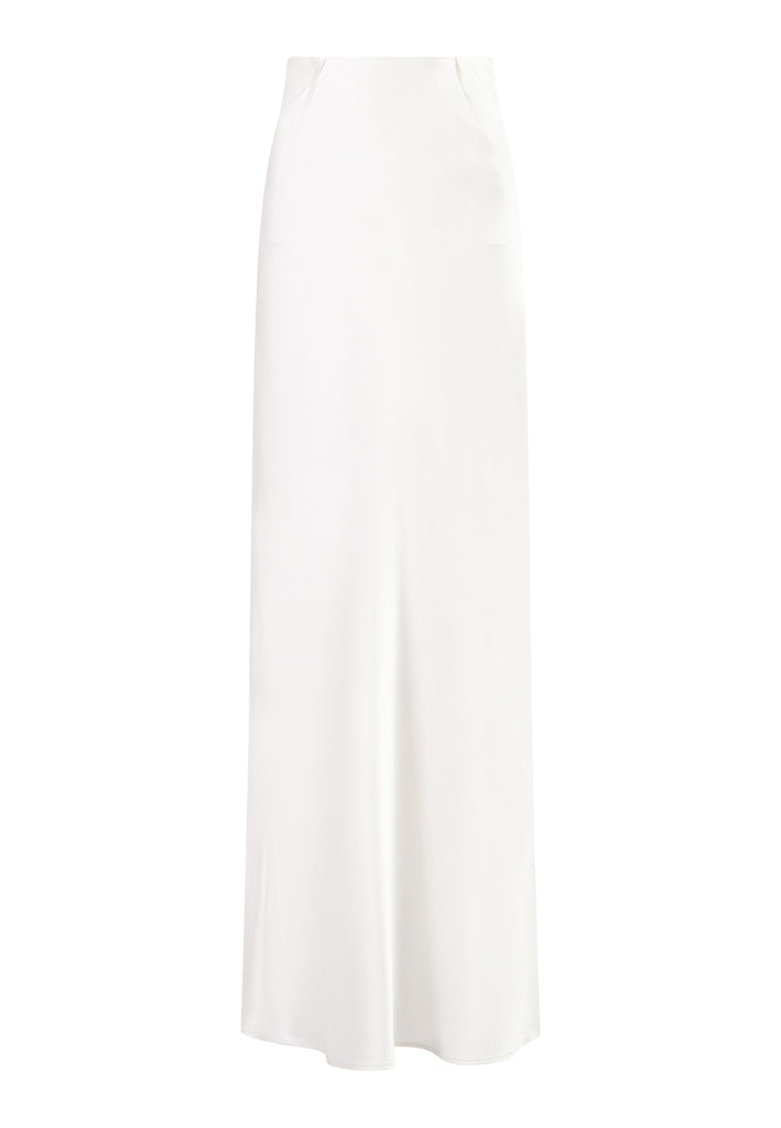 Flowy ivory skirt with a refined, elongated silhouette. Crafted from lightweight fabric with soft movement and an elegant drape. Front and back darts are intentionally exposed, adding subtle structure and a tailored finish to the fluid shape. A quiet statement piece, effortlessly balancing form and flow.