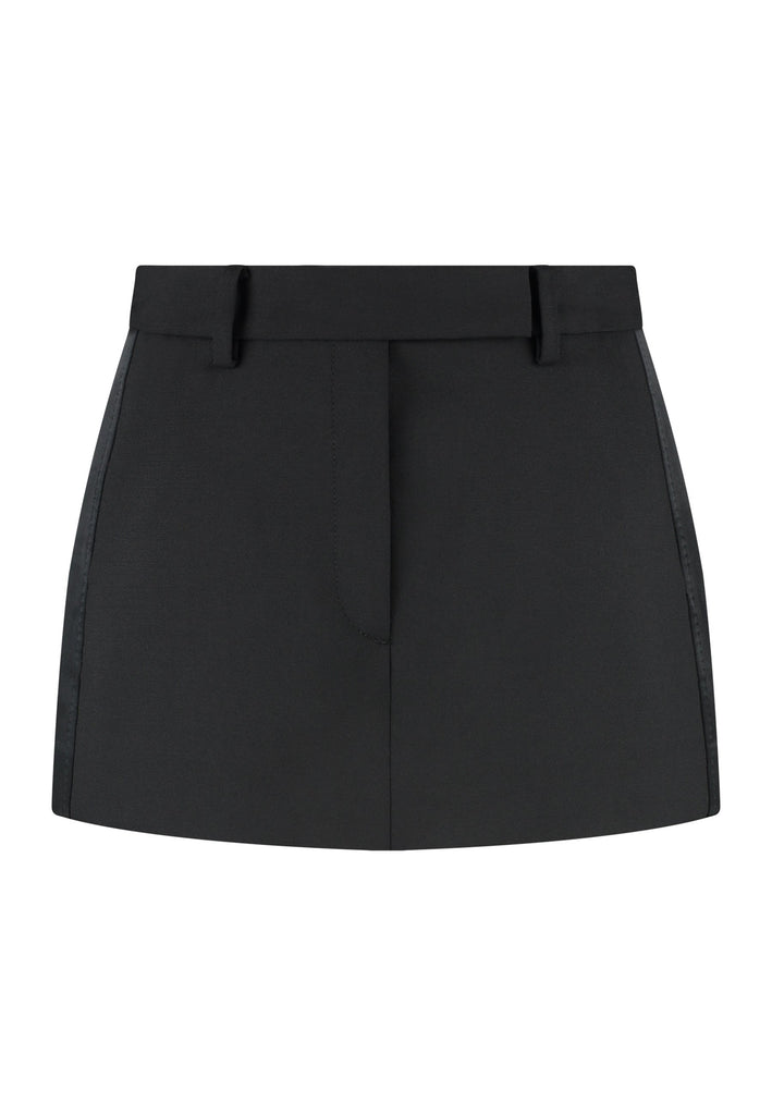 Tailored mini skirt with clean lines and a sharp silhouette. Cut from structured wool-blend suiting fabric, detailed with satin side stripes for a subtle tuxedo touch. High-rise waist with belt loops and side pockets, minimalist yet refined.