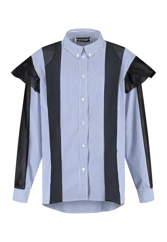 The oversized fit offers comfort and versatility, and also combines modern edge with a touch of elegance. Designed with sheer transparent panels, it adds a subtle, stylish contrast to the solid fabric. Ruffled details on the shoulders enhance its playful, feminine appeal while maintaining a relaxed, contemporary vibe.