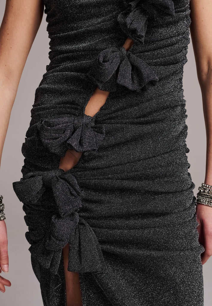 Embrace sophistication with this body-hugging jersey maxi dress. Artfully knotted all-over. Features a body-skimming silhouette.