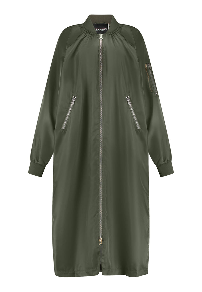 This long bomber jacket offers a perfect blend of modern style and functionality. It features two distinctive zipper closures—one in silver and the other in gold—on the sleeve, adding a bold, metallic contrast and unique detail. The elongated silhouette provides a sleek, urban look, while the durable nylon material ensures warmth and comfort.