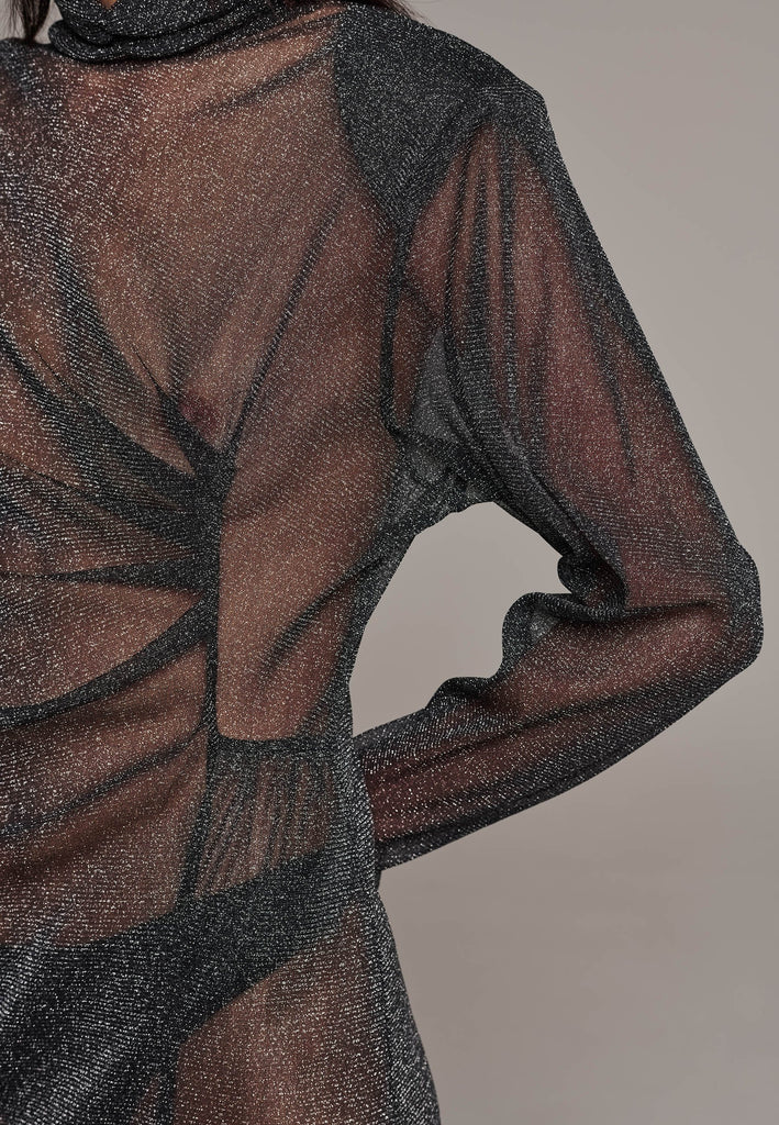 Body-hugging maxi dress, designed for a unique fit. Featuring a see-through shimmer effect and turtleneck.
