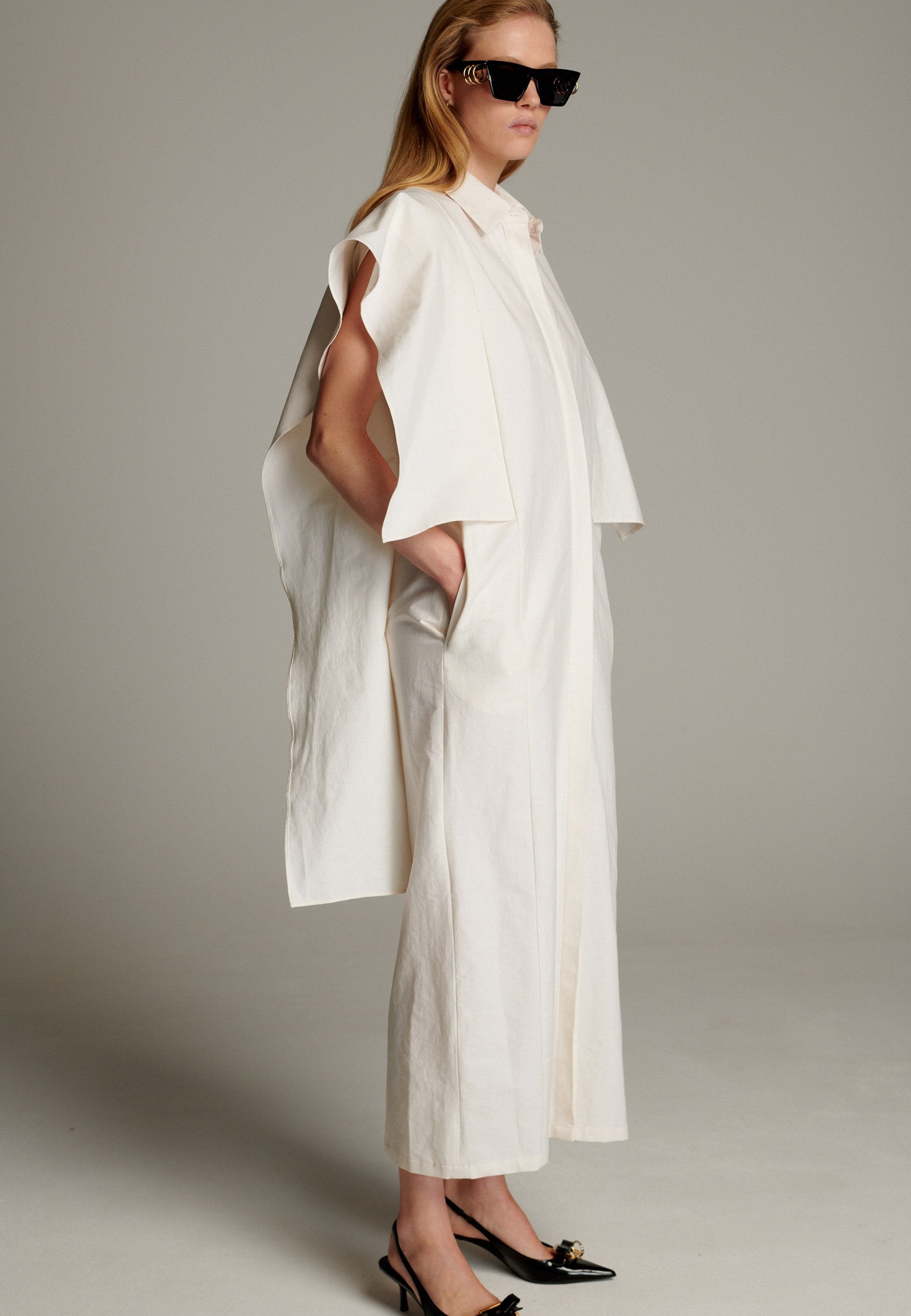 Square Draped Cotton Stretch Dress Off-White FRENKEN Square Draped Cotton Stretch Dress Off-White FRENKEN