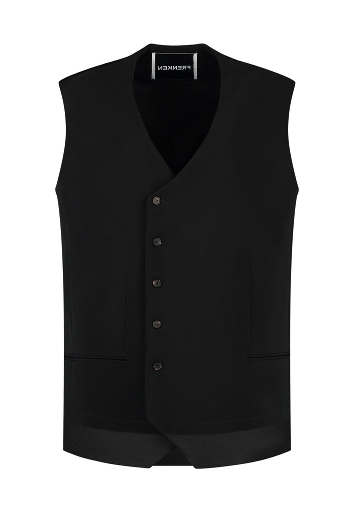 A bold reinterpretation of a classic vest silhouette, cut in a voluminous, oversized shape, it combines sharp tailoring with a contemporary twist. A standout feature is the exaggerated hem, crafted in a contrasting black fabric with a subtle sheen, adding depth and visual interest to the minimalist design. With its clean lines, deep armholes, and striking finish, this piece layers effortlessly and brings a refined edge to both casual and dressed-up looks.