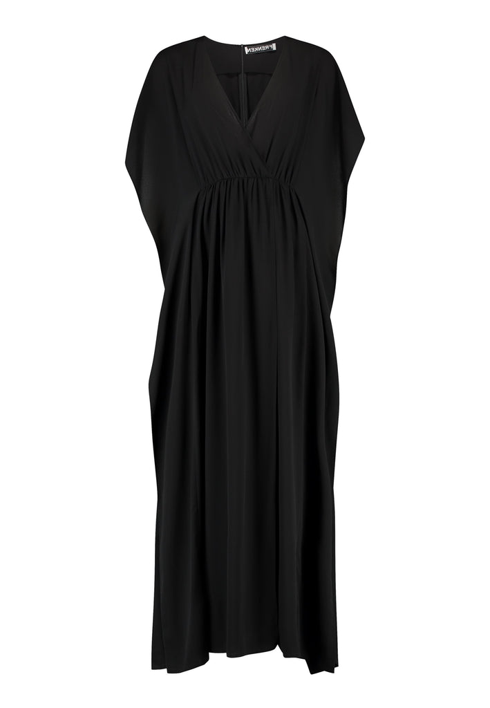 This dress features a flowing and elegant design in a black hue, crafted from lightweight silk georgette. The V-neckline and cinched waist create a flattering silhouette, while the loose, cape-like sleeves add a touch of modern sophistication. Perfect for both formal occasions and chic casual settings, it exudes timeless elegance and versatility.