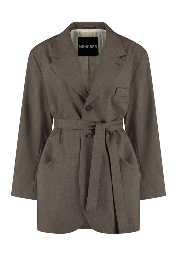 This elegant blazer is crafted in a luxurious camel melange wool, offering a soft and breathable feel perfect for summer wear. Its wrap-style design cinches at the waist, creating a flattering, tailored silhouette. Featuring contrasting stitching details, it adds a unique and stylish touch to the minimalist design. With clean lines and a sophisticated aesthetic, this blazer is a versatile addition to any wardrobe.