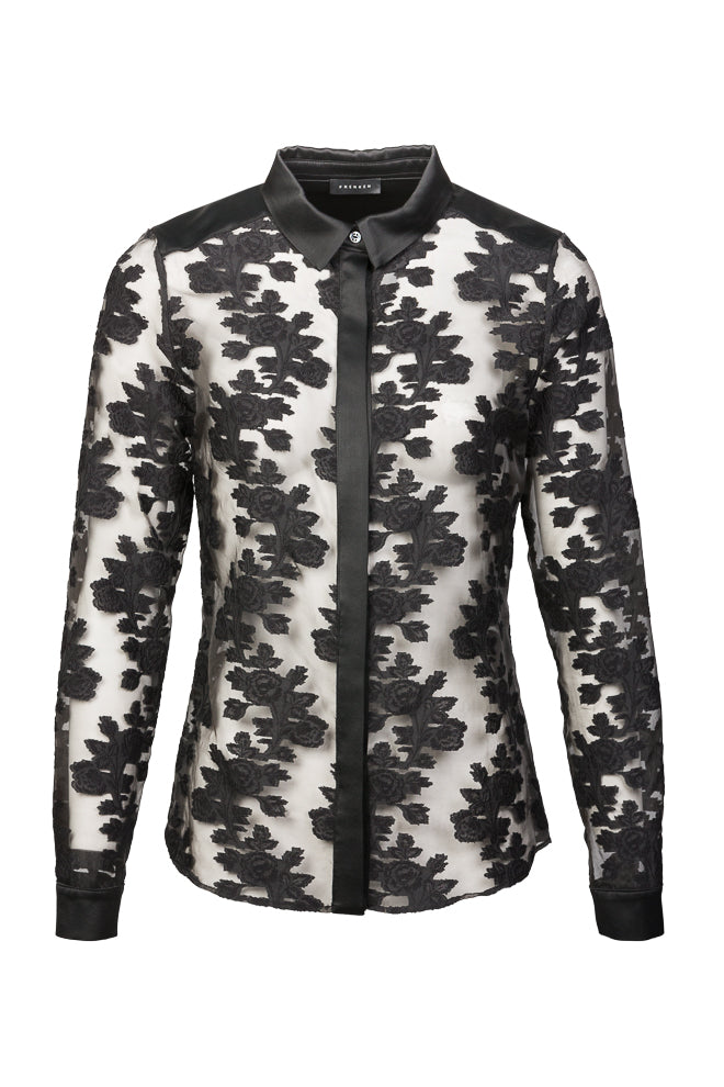 Black ginza shirt lace. Fitted shirt in jacquard/fille coupe with satin collar, cuffs and joke. frenkenfashion.com