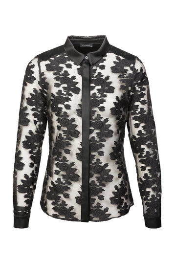Black ginza shirt lace. Fitted shirt in jacquard/fille coupe with satin collar, cuffs and joke. frenkenfashion.com