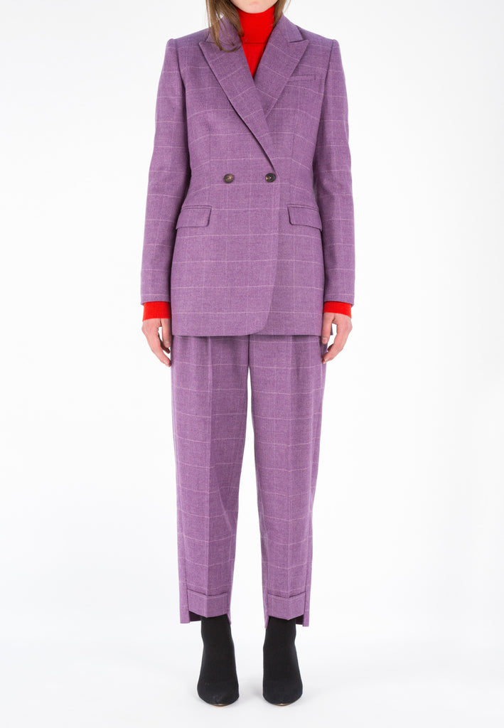 Double button blazer, lilac color. Slim cut tailored blazer. A lilac flannel checked suit double breasted. frenkenfashion.com