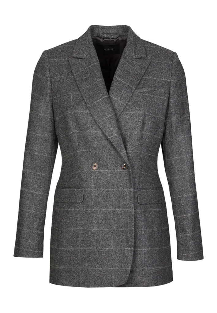 Double button blazer, grey melange color. Slim cut tailored blazer.Grey flannel checked suit double breasted.