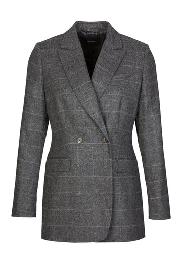 Double button blazer, grey melange color. Slim cut tailored blazer.Grey flannel checked suit double breasted.