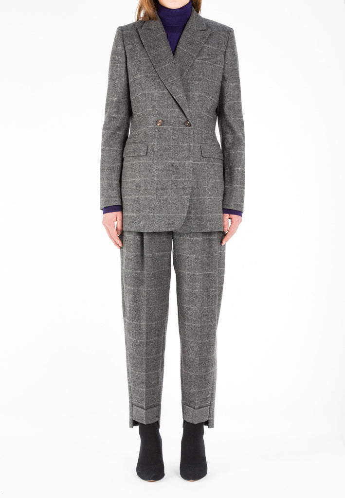 Double button blazer, grey melange color. Slim cut tailored blazer. Grey flannel checked suit double breasted. frenkenfashion.com