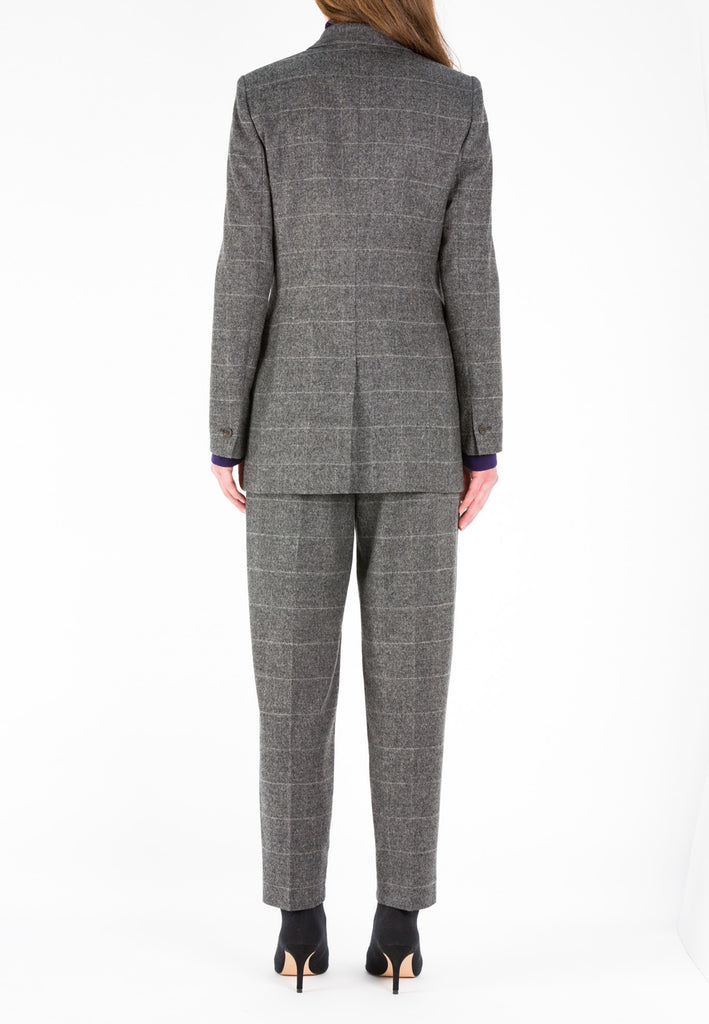 Double button blazer, grey melange color. Slim cut tailored blazer. Grey flannel checked suit double breasted. frenkenfashion.com