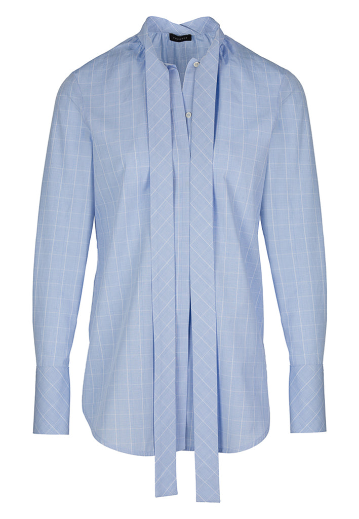 Check light blue shirt. Strait fit poplin shirt. Detailed with a bow collar. FRENKEN fashion