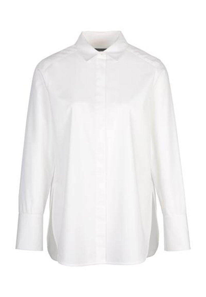 Office shirt. Regular-fit shirt with double cuff length made from white crispy poplin cotton, with classic collar stand and concealed button fly-front. This is a true essential to every wardrobe.