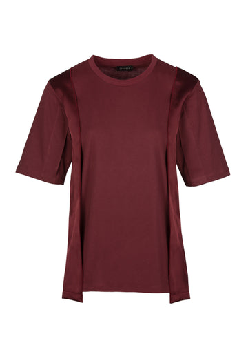 Shine | Top | Burgundy. Oversized T-Shirt fit with loose satin side panels. Satin finished with a babylock. Women clothing