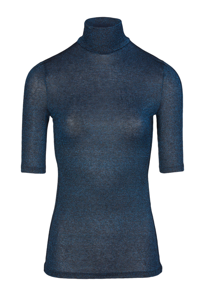 Navy glitter shimmer top. Dutch women clothes. Slim fit turtle in a soft lurex. Perfect to wear under a blazer, sweat or dress.