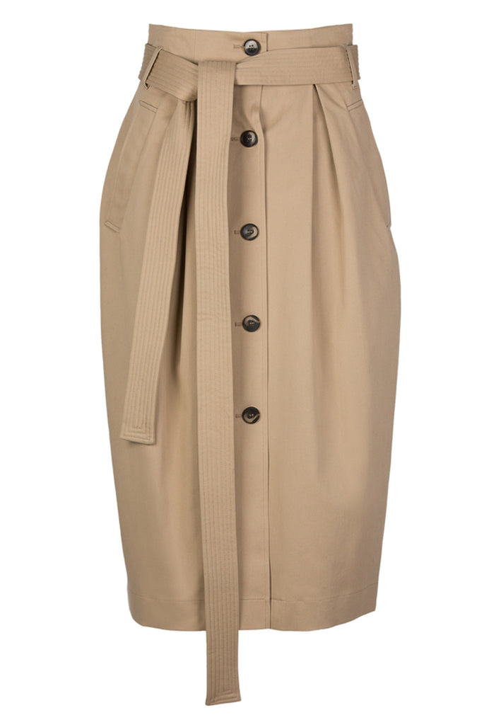 Belt | Skirt | Camel. Fabric: 97% Cotton, 3% Elastane. A sculptural midi skirt in heavy cotton.