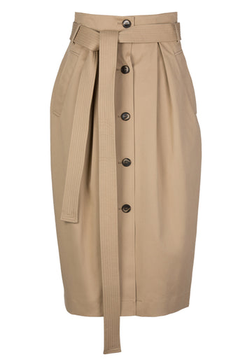 Belt | Skirt | Camel. Fabric: 97% Cotton, 3% Elastane. A sculptural midi skirt in heavy cotton.