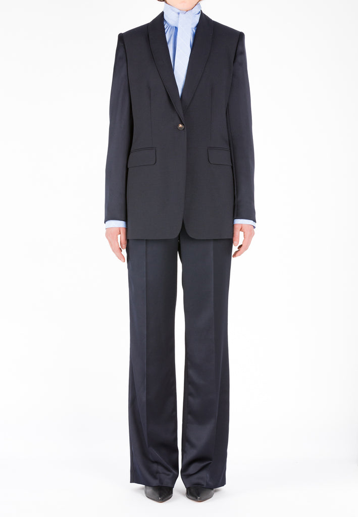 Dark navy verso pants. Satin straight-leg pants. These pants have been tailored in Portugal from fluid satin and cut in a flattering straight-leg silhouette. 54% Polyester, 44% Wool, 2% Elastane
