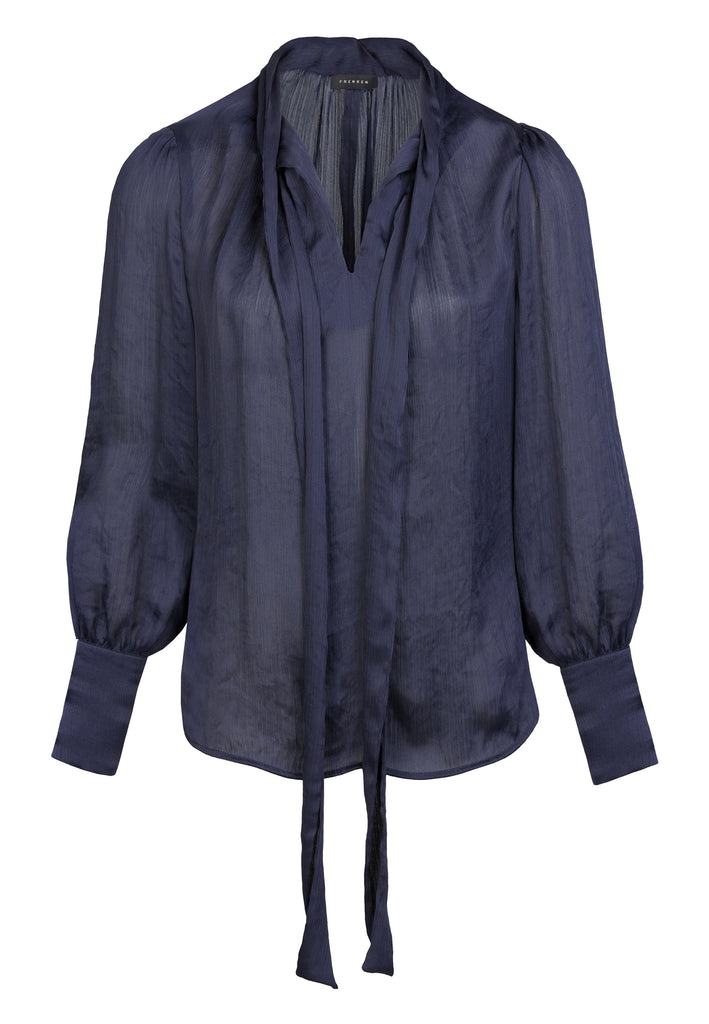 French | Top | Dark Navy. Wrinkled light satin flowy fabric with strap bow collar. Fabric covered buttons. Model wears a size 36.