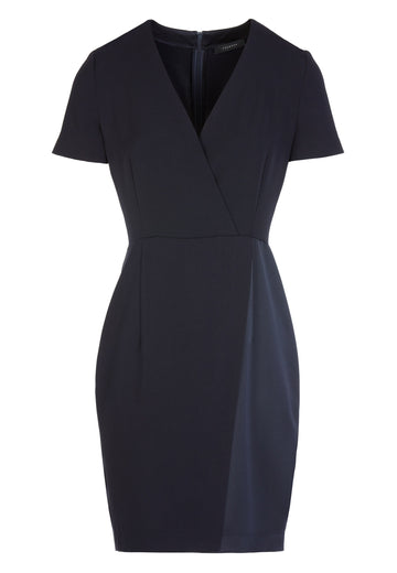 Second | Dress | Dark Navy. Waisted cocktail dress, in a combination of crepe and satin with a deep V-neck line and overlap skirt.