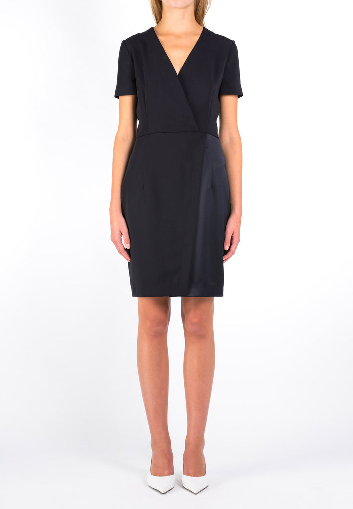 Second | Dress | Dark Navy. Waisted cocktail dress, in a combination of crepe and satin with a deep V-neck line and overlap skirt.