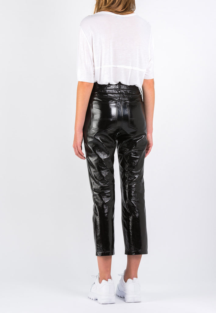 Black Crook Pants image. Patent leather cropped pants. Model wears a size 36. Designed by Erik Frenken