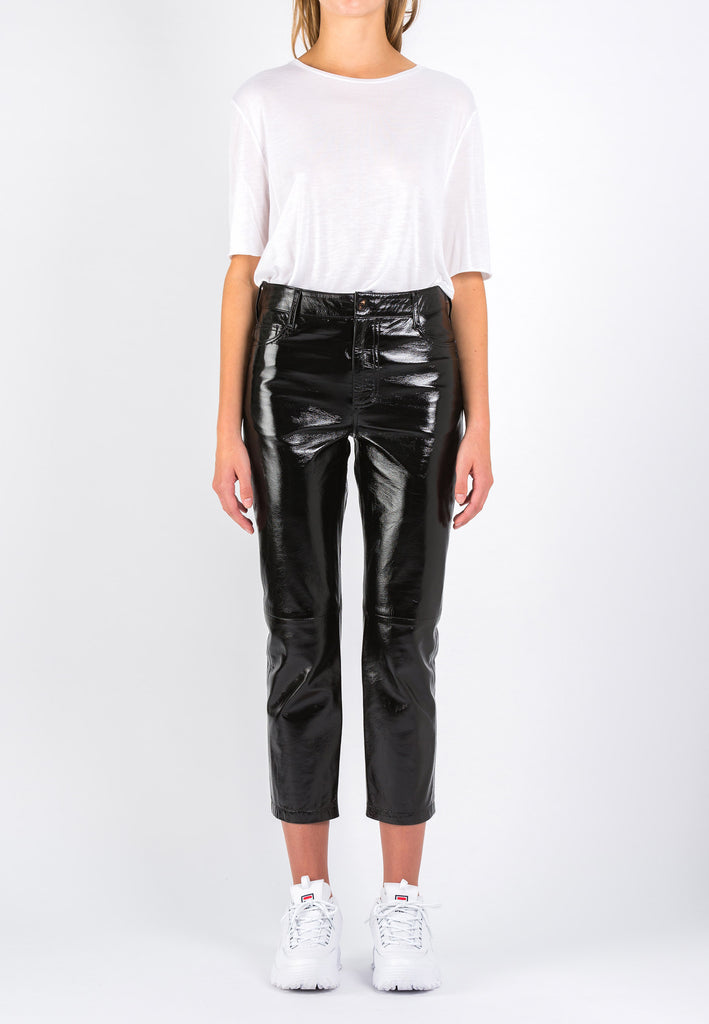 Black Crook Pants image. Patent leather cropped pants. Model wears a size 36. Designed by Erik Frenken