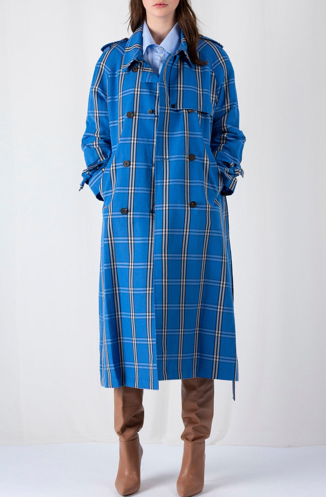 Popped | Coat | Azure Check. Oversized trench made from a linen cotton mixed check. Detailed with cuffs straps. www.frenkenfashion.com