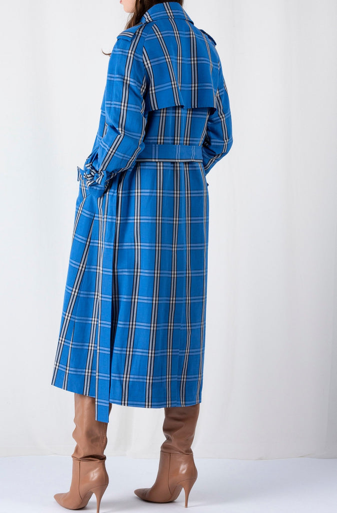 Popped | Coat | Azure Check. Oversized trench made from a linen cotton mixed check. Detailed with cuffs straps. www.frenkenfashion.com