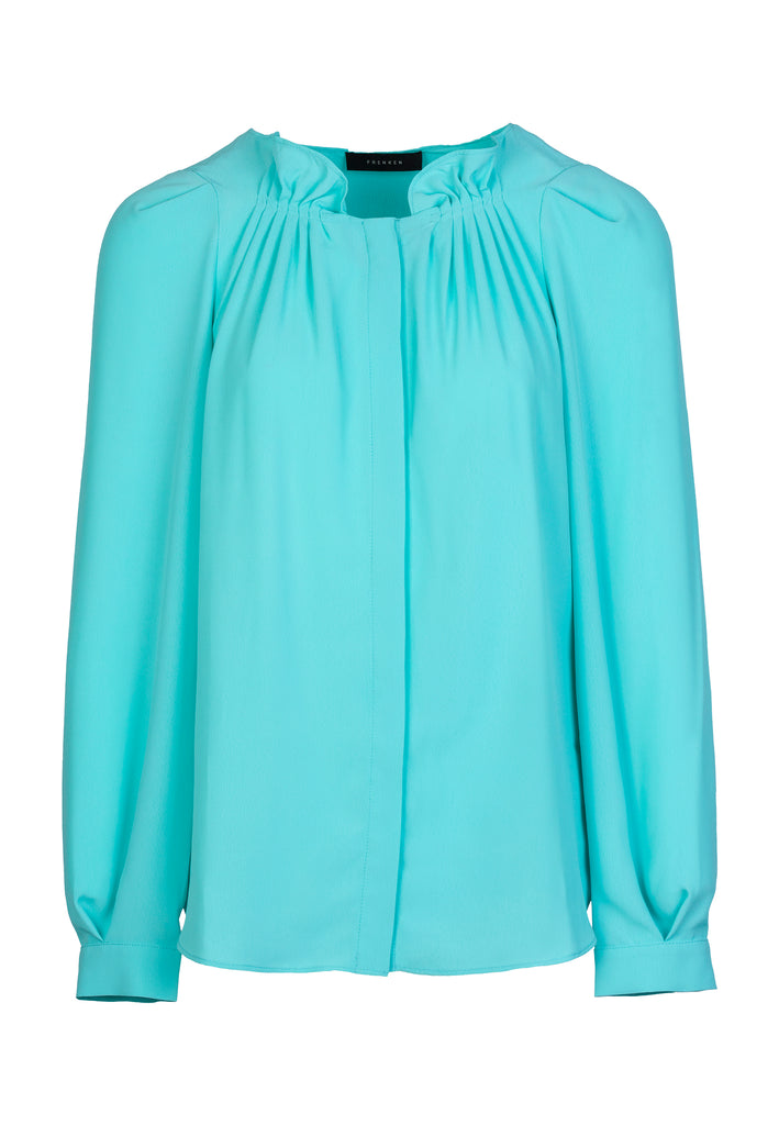 Smock Silk | Top | Aqua. Dutch women clothes. Relaxed fit flowy top. Detailed with smocked at hem. 100% silk