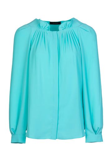 Smock Silk | Top | Aqua. Dutch women clothes. Relaxed fit flowy top. Detailed with smocked at hem. 100% silk