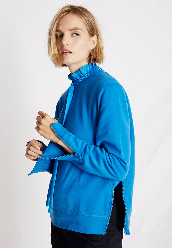 Fun | Top | Azure. A cool easy wearing relaxed fit sweater detailed with a bolt zip in the waist and at both cuffs. Amsterdam fashion