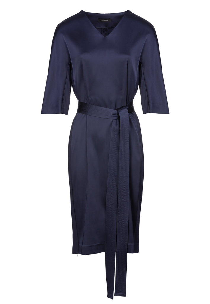 Faded | Dress | Dark Navy. Satin cool easy wearing relaxed fitted midi dress. With a long double stitched belt. Two zips between the side panel.