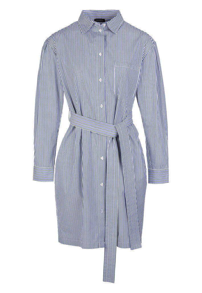 Double pocket dress, army white navy stripe color. Three colored striped poplin relaxed fitted dress, with pockets. The dress can be worn without the belt, therefore, the belt loops can be pooled towards the inside of the dress. Please note our six button hole buttons. Model wears a size 36.