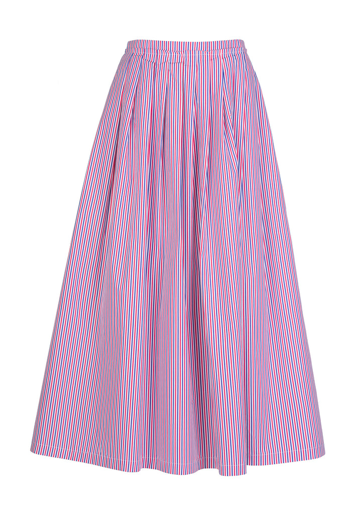 Double stripe skirt, coral white navy stripe. High waisted maxi three colored striped circle skirt.
